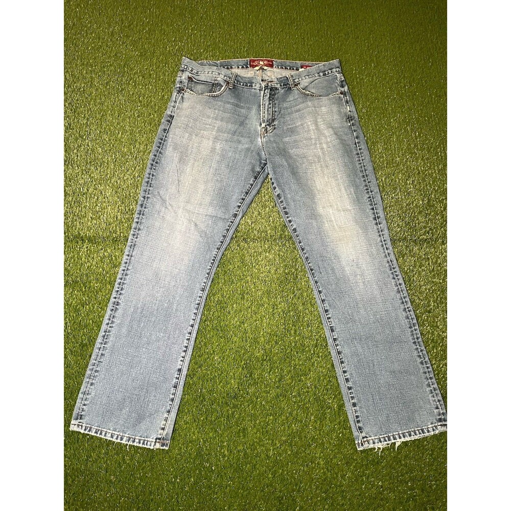 Lucky Brand Y2K Bootcut Light Blue Denim Jeans Men Regular Fit Logo Accents